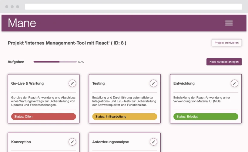 Oberfläche des Projektmanagement-Tools im Browser