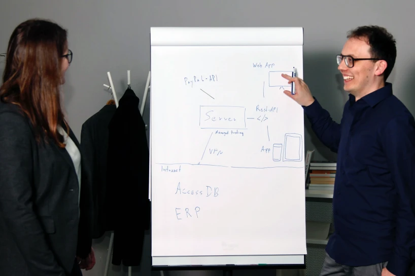 Tim Stein bespricht am Flipchart ein Software-Konzept