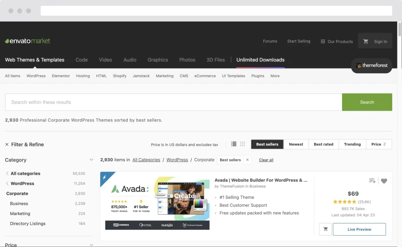 Theme Auswahl bei Themeforest