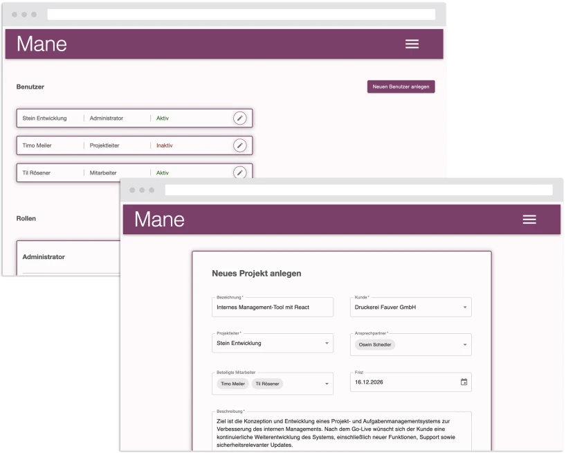 Admin-Oberfläche des Projektmanagement-Tools beim Anlegen eines Projekts