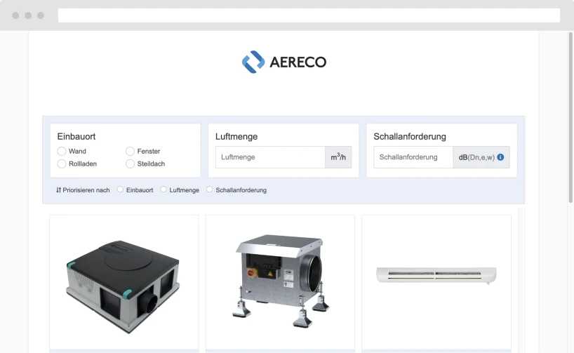 Aereco-Produktfinder mit Filtern und Ergebnisliste für Lüftungsgeräte