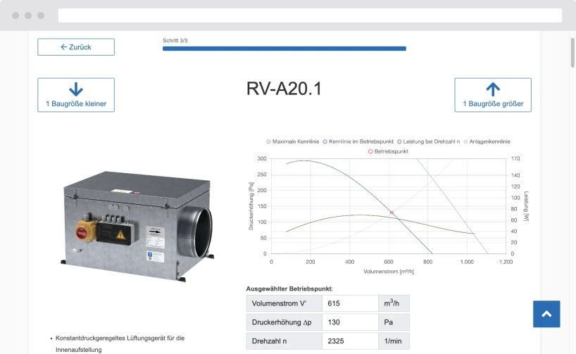 Produktdetailseite im Aereco-Produktfinder mit technischem Diagramm