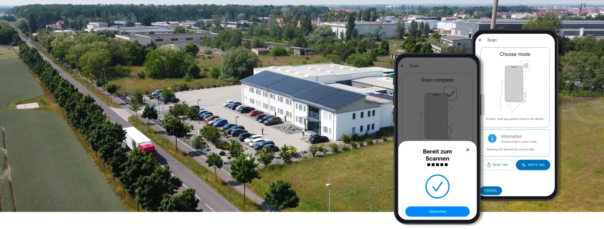 Firmengebäude aus der Luft und Smartphone-Screens der NFC-Konfigurationsapp beim Scannen